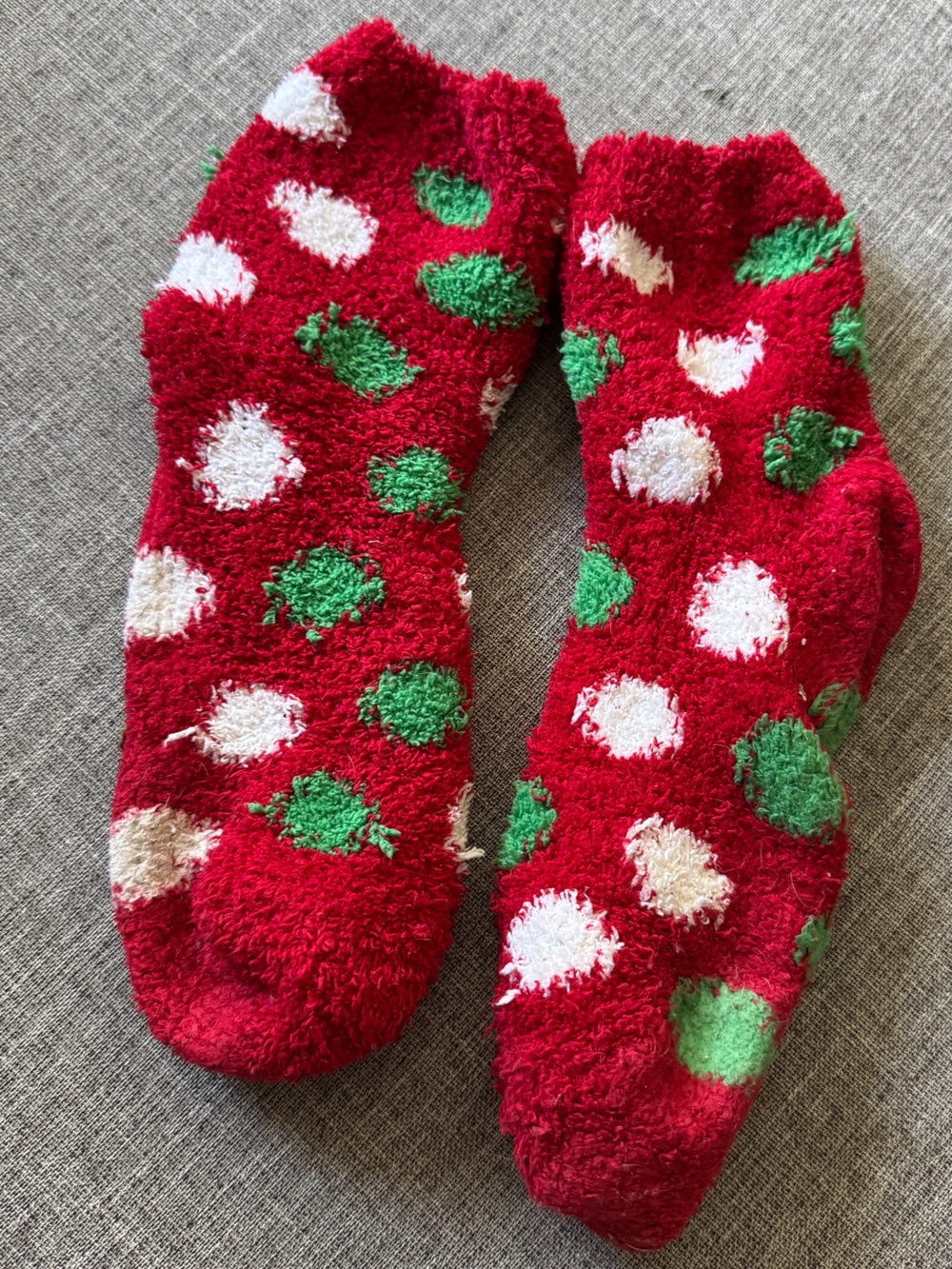Cozy Red Fuzzy Socks with Green and White Dots